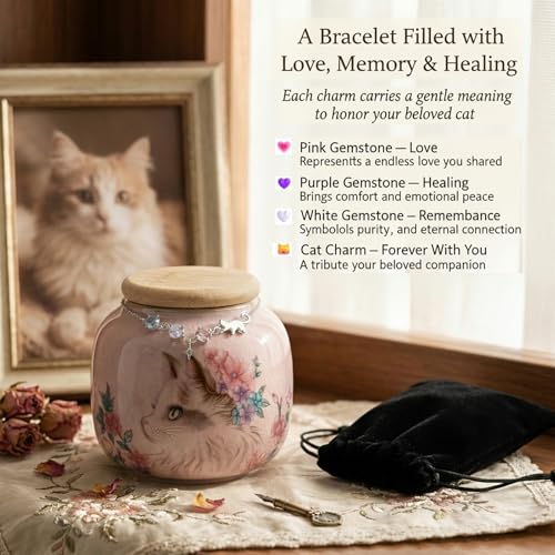 Cat Urn for Ashes, Small Ceramic Pet Urn with Rainbow Crystal Necklace
