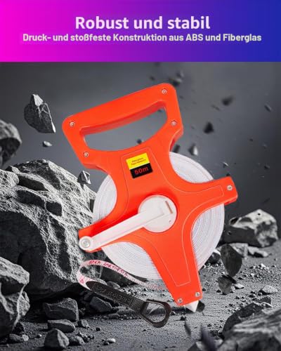 Tape Measure 50 m / 165 ft, Tape Measure 50 m with Fold-Out Crank, Inch/Metre Tape Measure, Fibreglass Tape Measure with Centre Tip, Roll Tape Measure with Folding Lever, Marked on Both Sides | Zoll/Meter Bandmaß, Rollmaßband Fiberglas mit Zentrierspit...