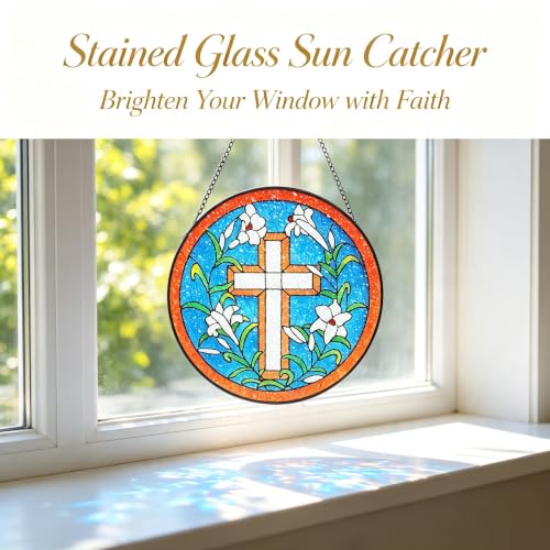 KOMI 7.8 Inch Cross Stained Glass Window Hanging Sun Catcher Garden Decor Christian Gifts for Women Mom Wife