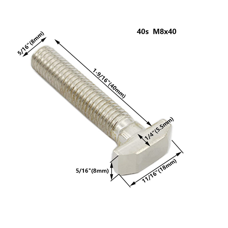 [Australia - AusPower] - 20 PCS M8 Thread T-Slot Drop-in Stud Sliding Screw Bolt, TTZEZE Heavy Duty Silver Tone Carbon Steel Nickel Plated Hammer Head Bolt T Shape Screws for European Standard 40 Series Aluminum Profile M8x40mm 