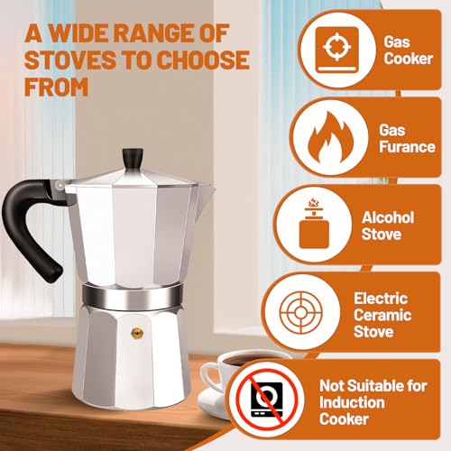 6 Cup Aluminum Espresso Stovetop Moka Pot Express Coffee Maker Percolator Italian Classic Mocha Coffee Machine for Italian and Cuban Cafe Brewing for Home & Camping 300ml 10oz Silver 6 Cup