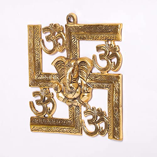 KridayKraft Ganesha Metal Statue,Ganpati Wall Hanging Sculpture,Metal Swastik Ganesha Murti Lucky for Home & Office, Gold
