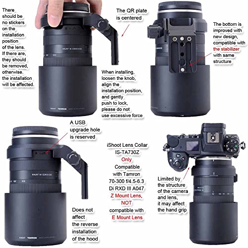 iShoot Lens Collar Tripod Mount Ring Compatible with Tamron 70-300 f/4.5-6.3 Di RXD III A047 Z Mount, Support Holder Bracket Arca Fit Quick Release Plate Dovetail for Arca-Swiss Type Clamp Stabilizer