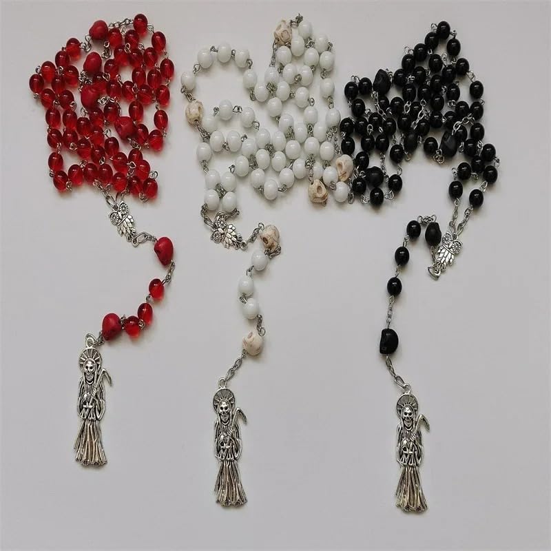 925 Sterling Silver La Santa Muerte Rosary - Satanic, Holy Saint Death Pendant for Women & Men Transparent Red Santa Muerte Rosary