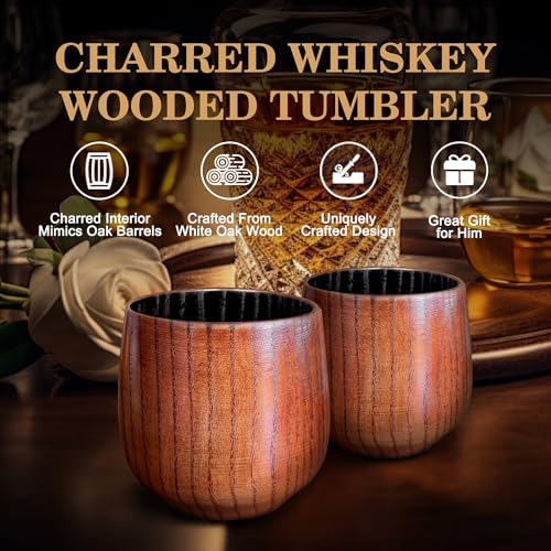 HWISDMIG 12oz Charred Wooden Bourbon Drinking Glass, Bourbon Gifts for Men 2 Pack Charred