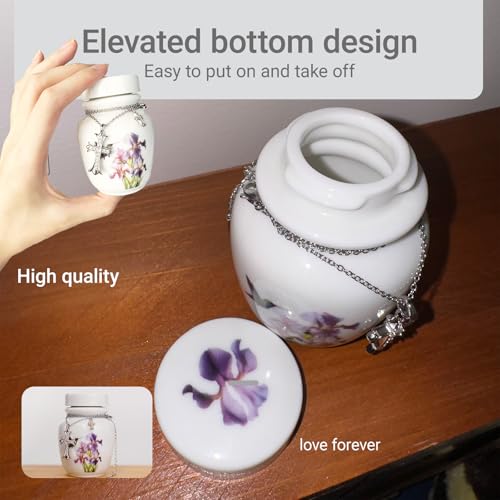 Mini Cremation Urn with Hummingbird and Iris Flower Design, White Ceramic Memorial Keepsake with Cross Necklace