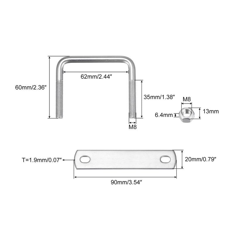 [Australia - AusPower] - uxcell Square U-Bolts, 6 Sets 62mm(2.44") Inner Width 60mm Length M8 304 Stainless Steel U Clamp Bolt with Nuts and Plates, for Boat Trailer 
