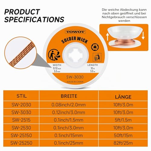 TOWOT Desoldering Wire, Desoldering Wick for Removing Solder and Disassembling Electrical Components, No-Clean Desoldering Braid (2.5 mm 3.0 m) 2.5 mm
