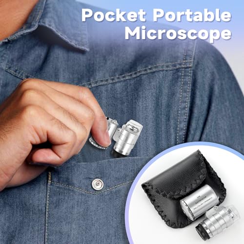 Jeweler's Magnifying Glass 60X with Light Mini Microscope, Pocket Microscope Gemstone Magnifier | Magnifying glass with LED/UV for close work, jewelry, coins, stamps, light trichome magnifying glass, mobile phone microscope