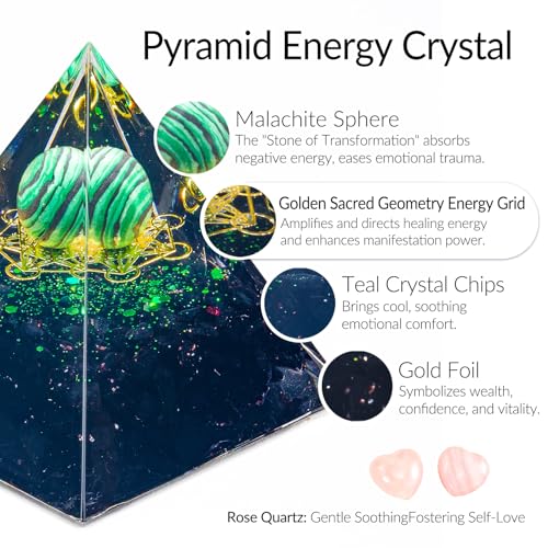 Orgone Crystal Pyramid for Positive Energy, Malachite Sphere Sacred Geometry Healing Crystal Pyramid, Obsidian Crystal Chips Energy Generator, Meditation Energy Healing Decor & 2 pcs Rose Quartz Heart Sacred Geometry Symbol
