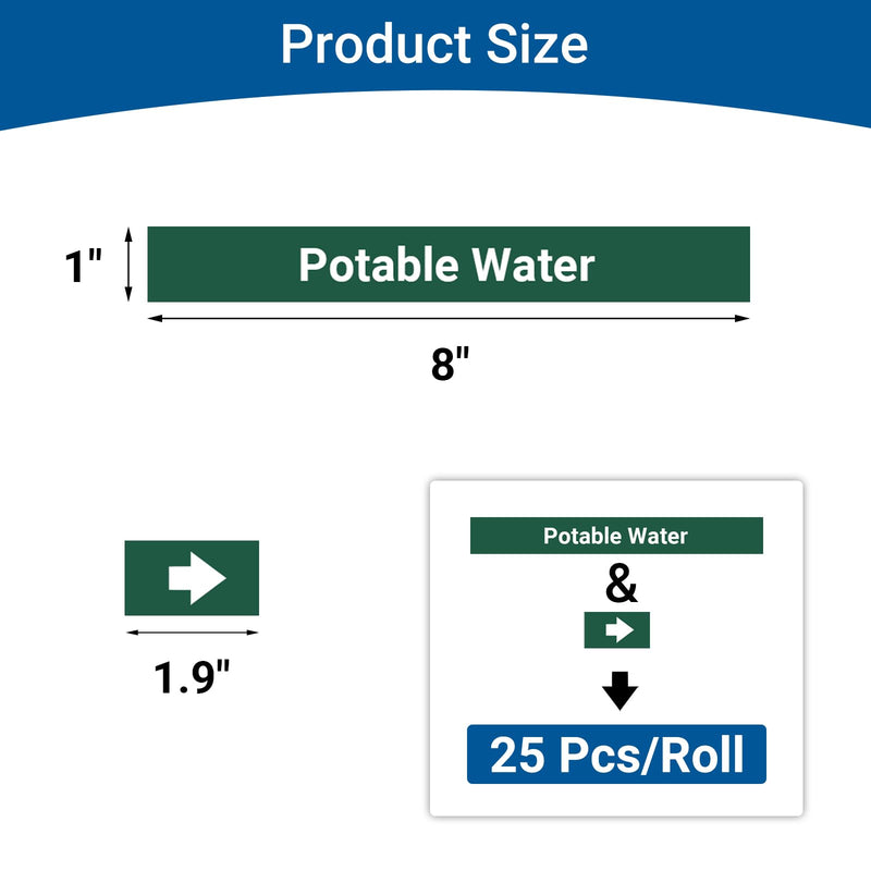 Marine Pipe Markers - Potable Water Safety Labels for Boat, Waterproof Self-Adhesive Pipe Identification Stickers, 1" H x 8" W, 25 Pcs/Roll (Potable Water)