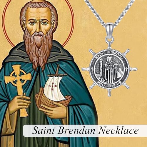 Saint Brendan Necklace S925 Sterling Silver Saint Brendan Coin Medal Pendant Necklace Protection Jewelry for Men Women Religion Gifts
