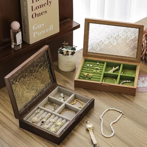 Wooden Jewelry Box with Glass Lid, Multi-Compartment Jewelry Display Case, Green Velvet Lining, Cherry Wood