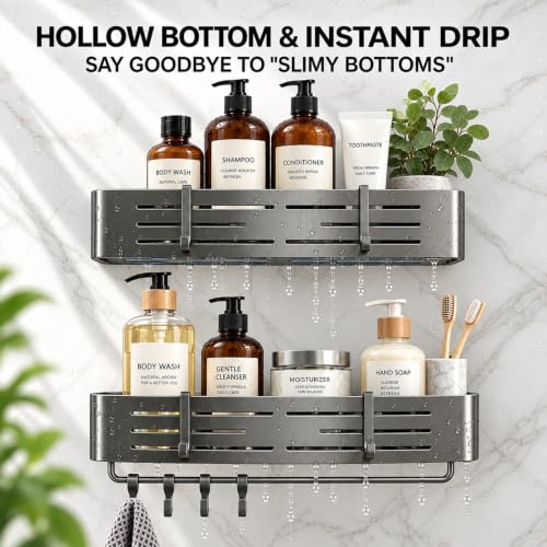 2 PCS Rectangle Shower Caddy Suction Cup with Hooks, No-Drilling (Gray) 2 PCS Rectangle Shower Caddy