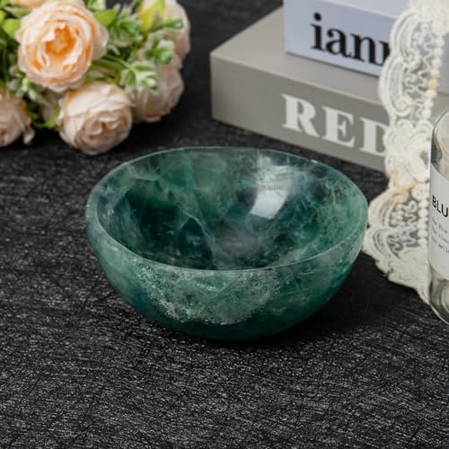 Large Green Fluorite Crystal Bowl Hand-Carved Round Fluorite Crystals Gemstone Bowl Reiki Healing Home Decoration Gift 4-4.5" Large