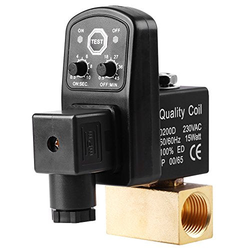 Automatic Electronic Drain Valve for Air Compressor Condensate Management, G1/2 DN15 Air Tank Water Moisture Automatic Timed Drain Valve with Separated Solenoid (AC 230V)