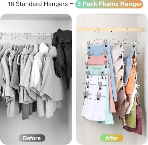 Pants Hangers,Space Saving 3 Pack Metal 6 Tier with Clips Holds 18 Skirts/Pants/Jeans/Shorts, w/360°Rotating Hook, Skirt Hangers Space Saving Closet Organizers and Storage (3)