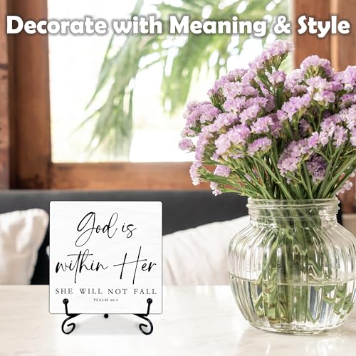 God Is Within Her She Will Not Fall - Rustic Wooden Sign with Metal Stand - 5'' Bible Verse Wooden Plaque - Christian Religious Gift for Women Men - Farmhouse Home Office Tabletop Shelf Decor - B03 God