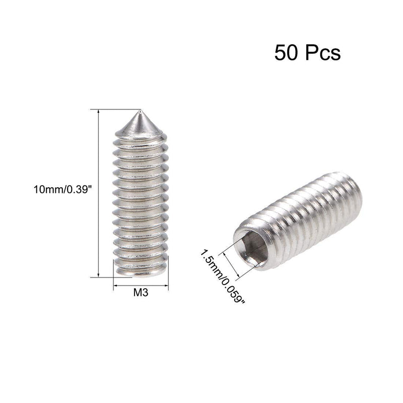 [Australia - AusPower] - uxcell 50Pcs M3x10mm Internal Hex Socket Set Grub Screws Cone Point 304 Stainless Steel Screw 