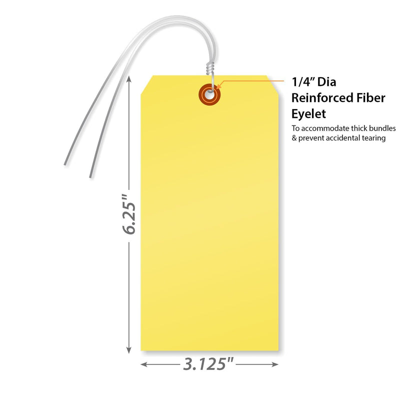 SmartSign (Pack of 100) Yellow Plastic Tags with Wires, 6.25 x 3.125 inch, Metal Eyelet, 10 mil Tear-Proof Polylith Plastic, Writable