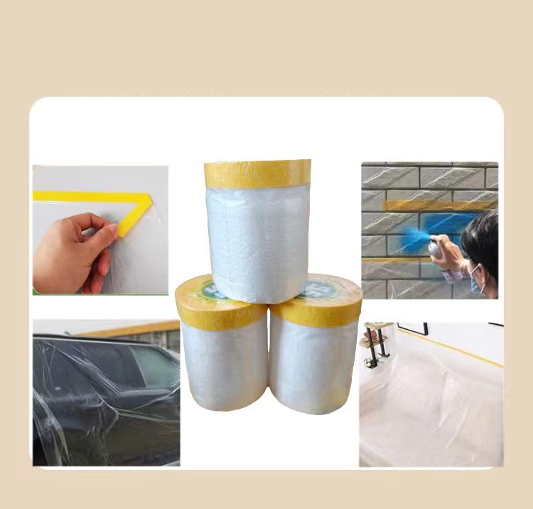 Pre-Glued Masking Film 22" x 65' (550mm x 20m), Plastic Covers for Painting, Taping, and Curtains, Plastic Sheets for Cars, Floors, Appliances, Windows, and Furniture, 3 Rolls