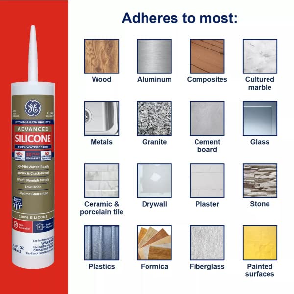 [Australia - AusPower] - GE Advanced Silicone Caulk for Kitchen & Bathroom - 100% Waterproof Silicone Sealant, 5X Stronger Adhesion, Shrink & Crack Proof - 10 oz Cartridge, Clear, Pack of 1 