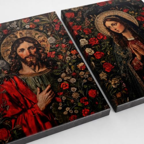 2 Pcs Framed Red Canvas Wall Art Virgin Mary Jesus Christian Decor 12x16 in 12x16 inch