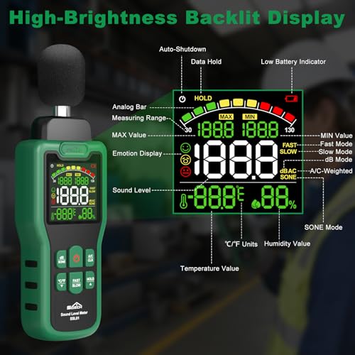 Dezibel Meter, SQECH Sound Level Meter with Temperature Humidity | Sound Level Meter with Color Backlight Display A/C Rating dB/SONE Unit Fast/Slow Response 30-130dB