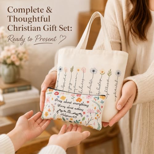 Baptism Gifts for Women - 4PCS Christian Gifts, Christian Cosmetic Bags, Flowers Bible Shoulder Bags, Bible Verse Keyring and Bookmark, Reusable Shopping Bag for Women,Religious Present for Communion