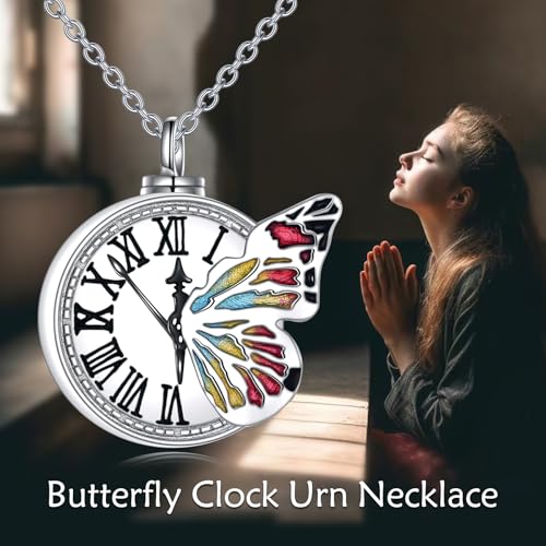 VONALA Butterfly Urn Necklace 925 Sterling Silver Clock Cremation Urn Memorial Pendant Necklace Urn Keepsakes Cremation Jewelry for Ashes
