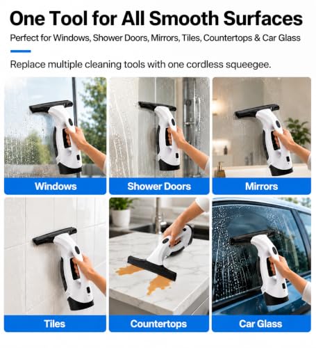 Electric Window Vacuum Cleaner Cordless, Glass Washer Vac 2000pa 150ml Water Tank, Windows Cleaning Equipment Tool Suitable for Mirrors Windows Glass (with 4 Cloths)