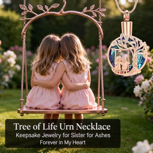 zeqingjw Tree of Life Urn Necklace Circle of Life Cremation Jewelry for Sisters Ashes Keepsake Funeral Memorial Ash Holder for Women Men Rose Gold-Blue