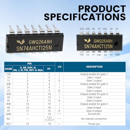 SN74AHCT125N Bus Buffer for 5V Systems Breadboards IC Socket Pack of 10 | 4 channels, 3-state output, supply 4.5-5.5 V, running time 5-10 ns, temperature -40 to 125 °C, PDIP-14 housing 181.42 mm²