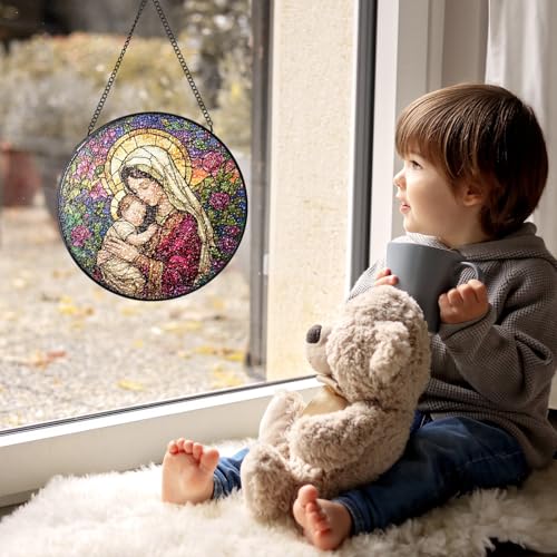 Stained Glass Window Hanging, Virgin Mary and Baby Jesus Suncatchers 6.3x6.3in