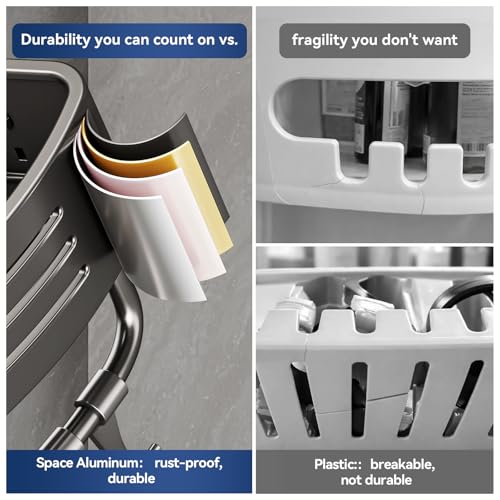 Gray corner shower caddy with suction cups, set of two, triangle-shaped bathroom storage organizers by LAUNGBORF.