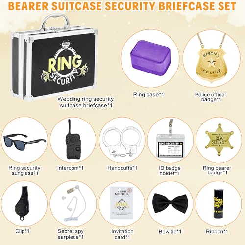 Ring Security Wedding Ring Bearer Aluminum Briefcase-Padded Slits Holder Ring Bearer Gifts Security Box for Proposal Ceremony Wedding Day,Security Badge Props for Boys Kids Black Silver