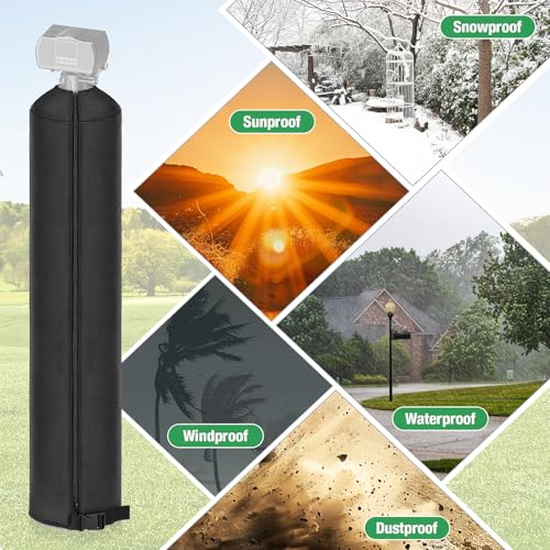 Rilime outdoor water softener cover, 9 x 48 inches, protecting a tall water softener tank
