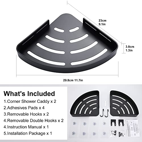 DUFU Adhesive Corner Shower Caddy with Hooks, Black, 2 Pack