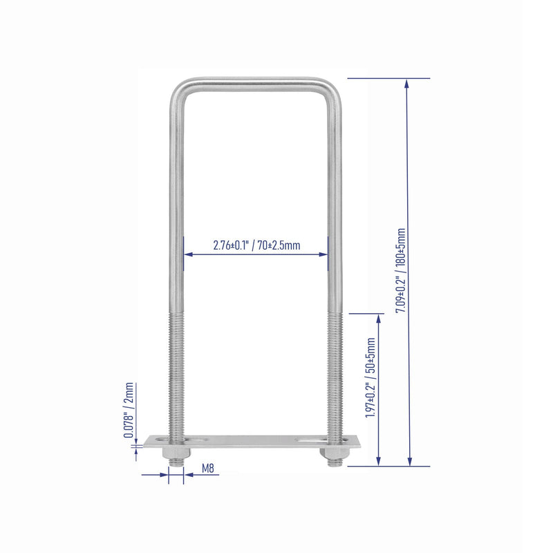 [Australia - AusPower] - 2 Sets 304 Stainless Steel Square U-Bolts 2.76"(70mm) Inner Width, 7.09"(180mm) Length Stainless M8 with Nuts, Frame Plate, Accessories for Automobiles Trailer, Boat Trailer Industrial Parts 70×180mm (W*L) 