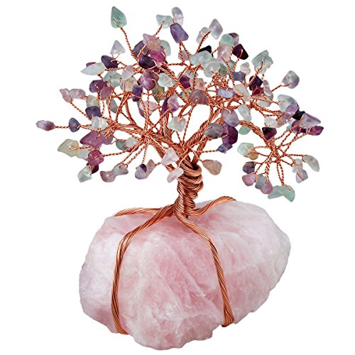 SUNYIK Fluorite Crystal Tree Wire Wrapped Raw Rose Quartz Base
