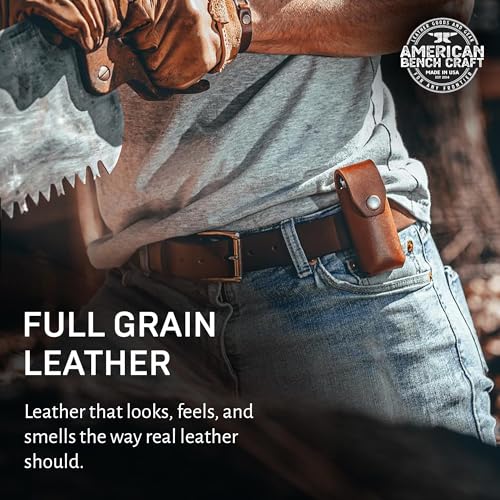 American Bench Craft brown riveted leather multi-tool case for Leatherman MUT, leather sheath against white background