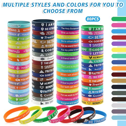 80 Pack Scripture Bracelets, Silicone Bible Verse Bracelets, Christian Wristbands with Motivational Quote, Ideal Inspirational Religious Gifts for Men, Women 4 Styles