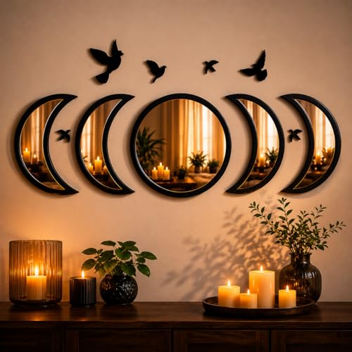 NESHE Moon Phase Mirror Wall Decor Set with Birds | Gothic Witchy Boho Wall Mirror Decor | Scandinavian Aesthetic Home Decor for Bedroom Living Room (Black) Black
