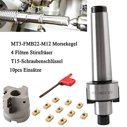 400R-50-22 Face Milling Cutter MT3-FMB22-M12 10 Carbide Inserts | MT3 Shank 50 mm 4 Cutting Edge Face Milling Cutter with T15 Wrench for CNC Milling Machines Tool Holder