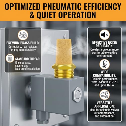 GASHER 1PCS Brass Long Head Solenoid Valve Muffler, 1-1/4BSP Thread Pneumatic Exhaust Silencer, Noise Reducer for Solenoid Valves, Industrial Automation Pneumatic System Components