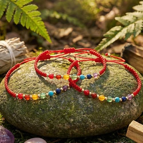 Colorful Healing Crystal Inspirational Seven Chakras Beaded Bracelets for Women,Adjustable Relaxation Energy Inner Peace Rope String Jewelry,Vacation FriendShip Gift 3Pcs Red