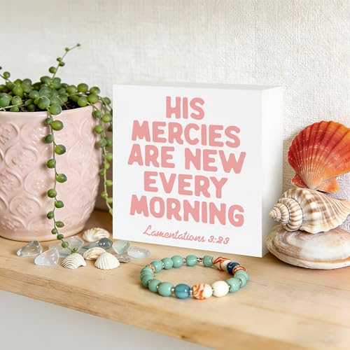 Pink Christian Wooden Box Sign 5x5 Inch, Christian Home Decor, His Mercies Are New Every Morning Bible Verse Religious Decorative Wood Signs for Home Office Desk Tabletop Shelf Decorations Wooden Box Sign E