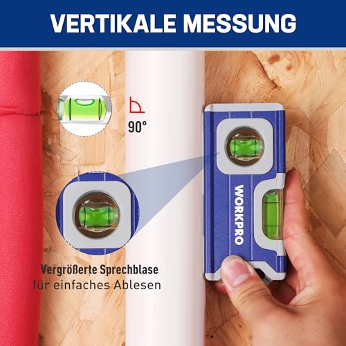 WORKPRO Magnetic Spirit Level 115mm Mini Spirit Level | With 2 levels 90°/180, hanging hole, aluminum alloy, strong magnet, groove design, for measurements