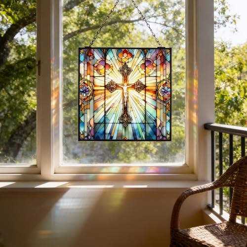 Stained Glass Cross Suncatcher Christian Stained Glass Windows Panel Jesus Cross Gift for Religious Easter Faith Christian Gifts Religious Home Decor I