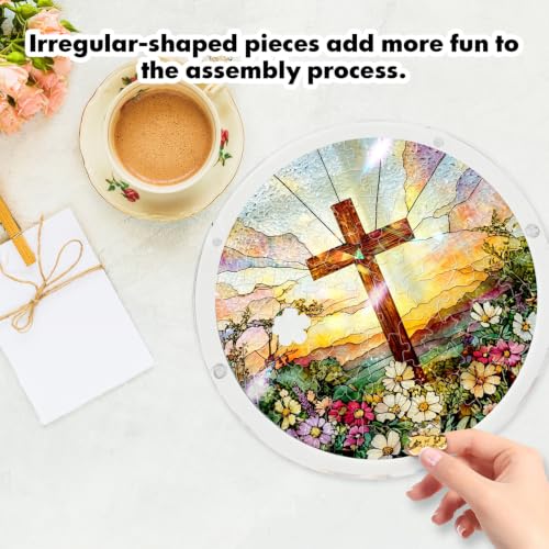 Christian Acrylic Puzzle Suncatcher,Cross Flower Sun Catcher Puzzle Kit for Adults,Faith Window Hanging Puzzles,Christian Decor, Inspirational Gifts for Women Family Friends,7.3 in Christian